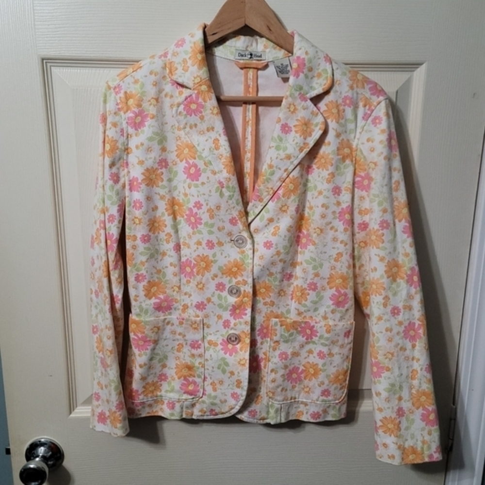 DUCK HEAD WOMENS JACKET BLAZER SZ 10 FLORAL MULTICOLOR BUTTON UP LS FRONT POCKET